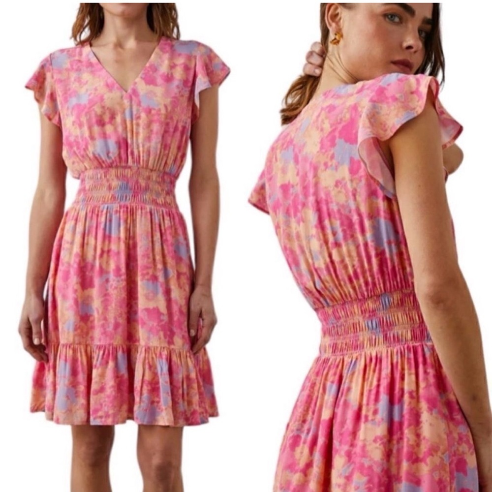 Rails Tara Dress Tropical Resort Floral Mini Smocked Waist Pink Sleeve Large